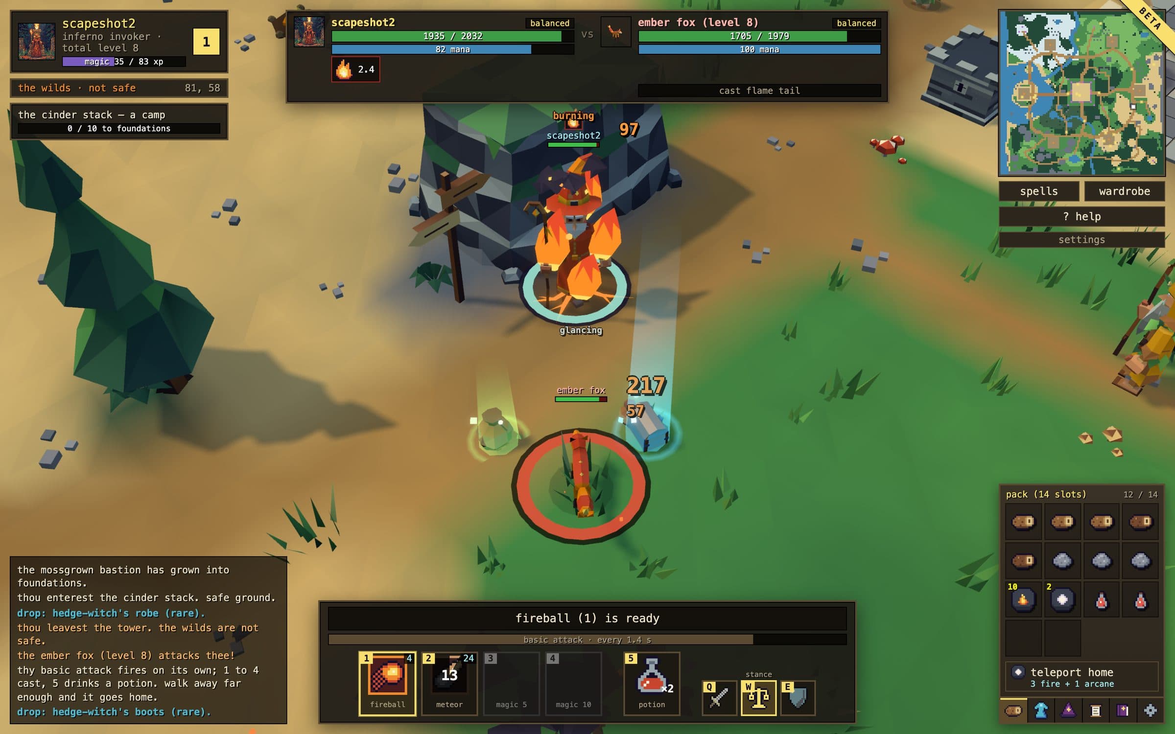A fire wizard fighting a level 8 ember fox, with a green and a blue drop beam on the grass nearby