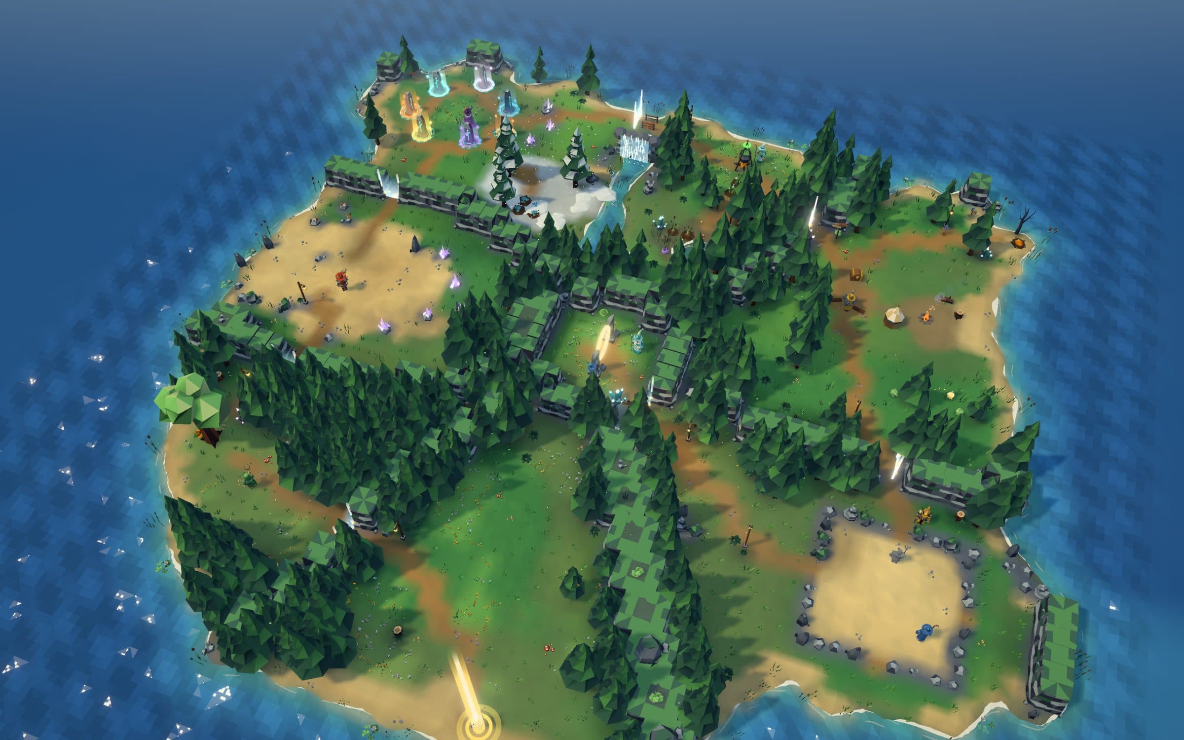 Hatbrim Isle from above, the tutorial island in a dark blue sea