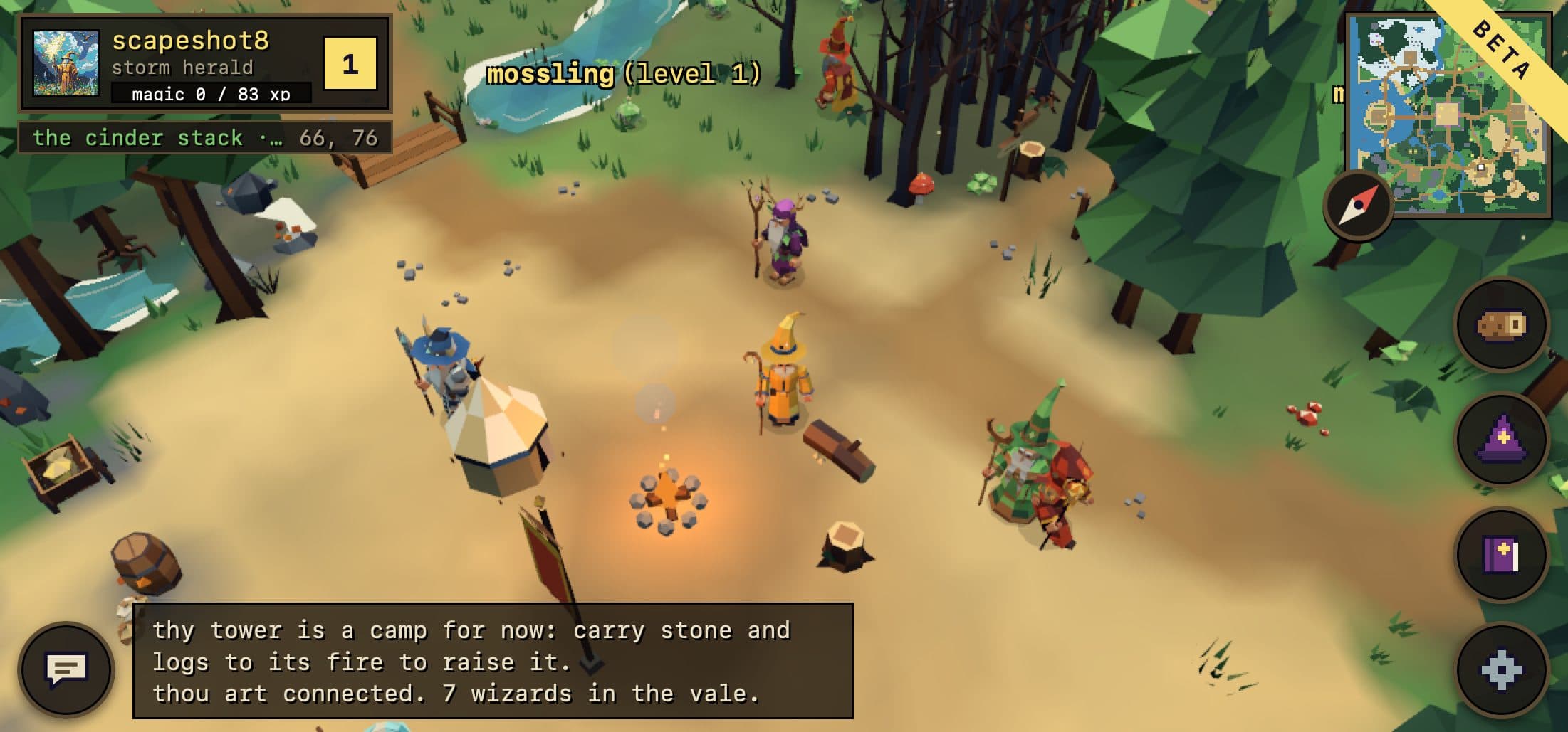 Wizarscape on a phone held sideways: the camp, the minimap and round touch buttons
